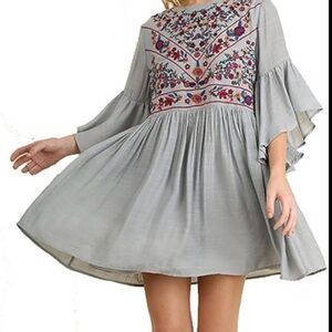 Umgee Gray Floral Embroidered Dress